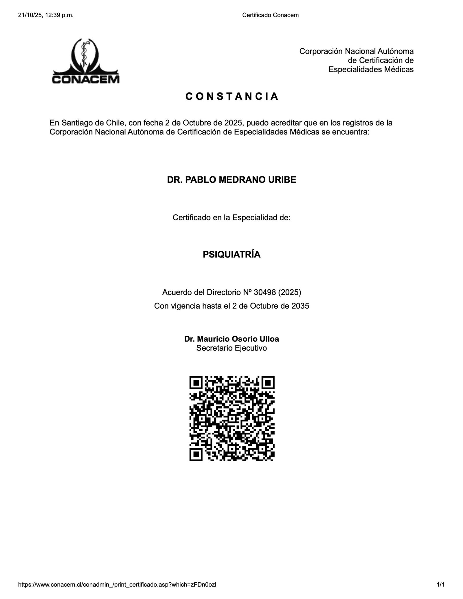 Constancia Especialista CONACEM -Dr. Pablo Medrano Uribe